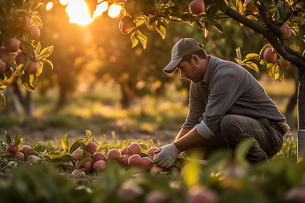 Une main d'agriculteur tenant une pomme fraîchement cueillie sur le fond d'un verger