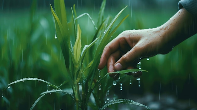 La main de l'agriculteur touchant un arbre pendant la pluie look cinématographique Concept de la campagne agricole