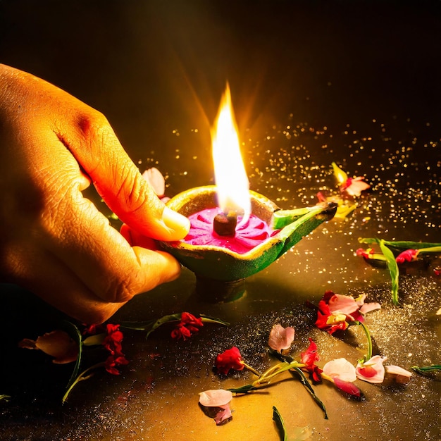 La main allume la lampe de Diwali