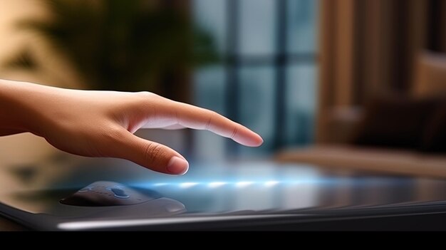 Une main appuyant sur une télécommande à partir de laquelle les ondes qui contrôlent les appareils intelligents autour émergent