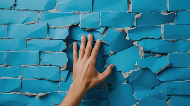 Une main atteint un mur bleu avec un morceau de carreaux bleus cassés.