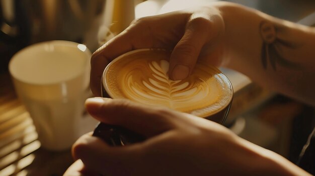 Photo la main d'un barista faisant de beaux latte art dans un café ia générative