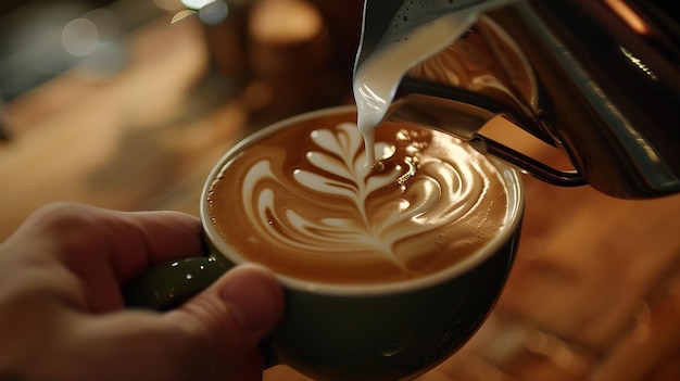 Photo la main d'un barista faisant du latte ou du cappuccino, du café, du lait, du latte, de l'art génératif.