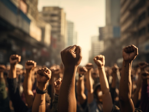 La main de beaucoup de gens qui protestent dans les rues de la ville, la main serrée, le poing, les gens avec les poings levés lors d'une manifestation dans la ville.