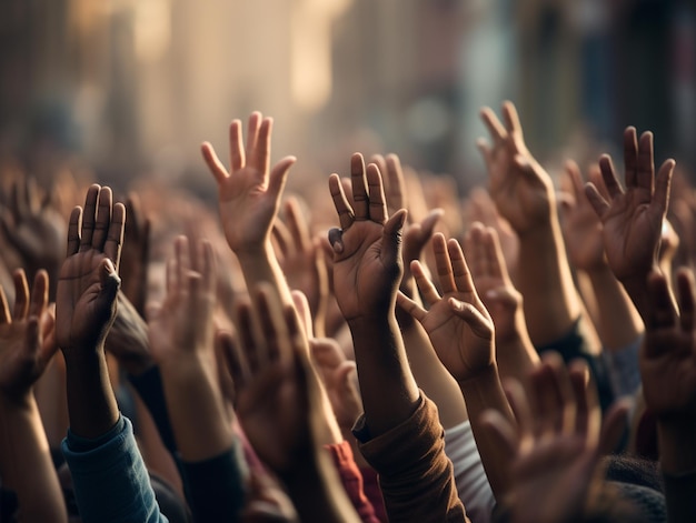 La main de beaucoup de gens qui protestent dans les rues de la ville, la main serrée, le poing, les gens avec les poings levés lors d'une manifestation dans la ville.