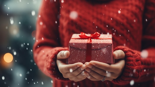 main et boîte cadeau avec lumières de Noël Photo de haute qualité
