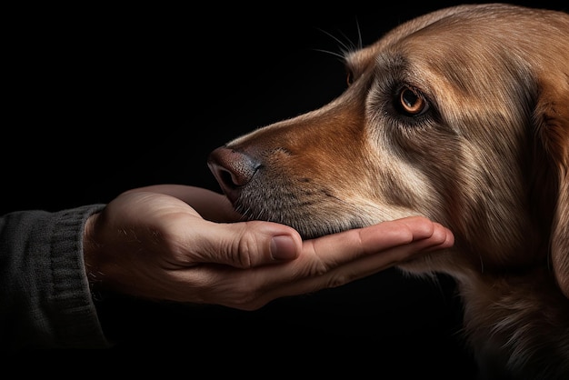 Une main caresse un chien