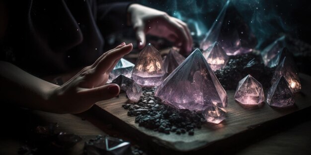Photo une main cherche un cristal violet sur une table.