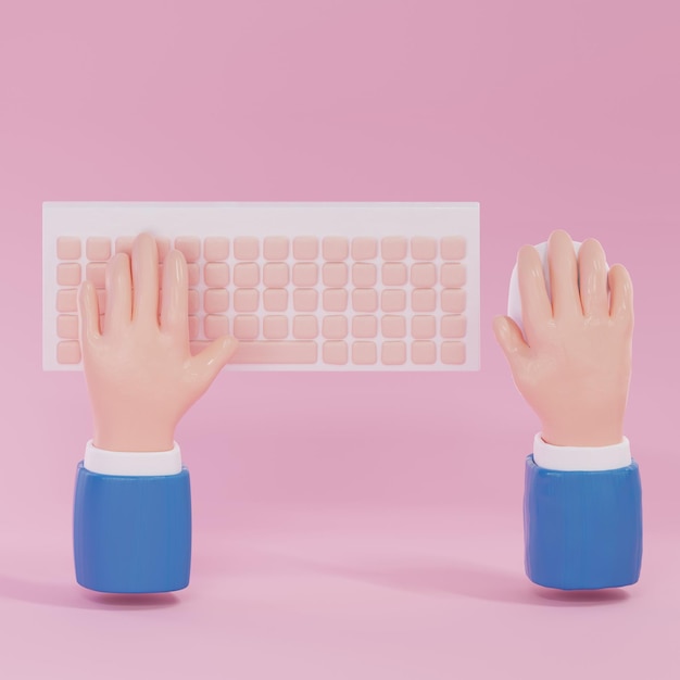 Main avec clavier et souris d'ordinateur sur fond rose rendu 3D