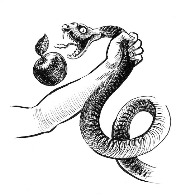 Main combattant un serpent avec une pomme. Dessin noir et blanc à l'encre