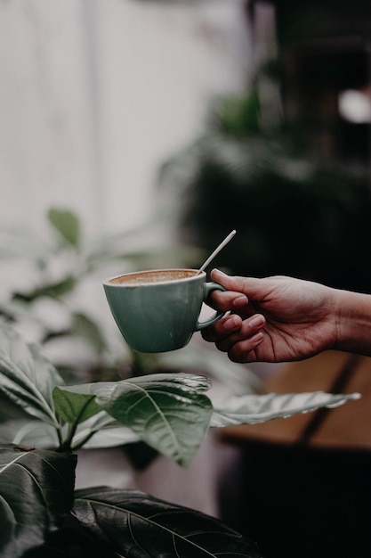 Main coupée d'une femme tenant une tasse de café