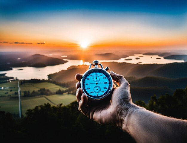 Main coupée d'un homme tenant un chronomètre contre le ciel