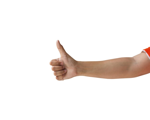 Photo main coupée d'une personne faisant des gestes sur un fond blanc
