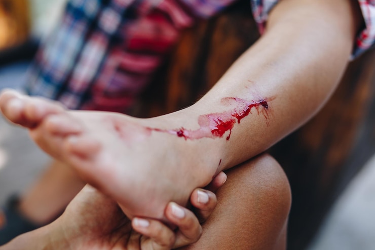 Photo main coupée d'une personne tenant une jambe d'enfant blessée