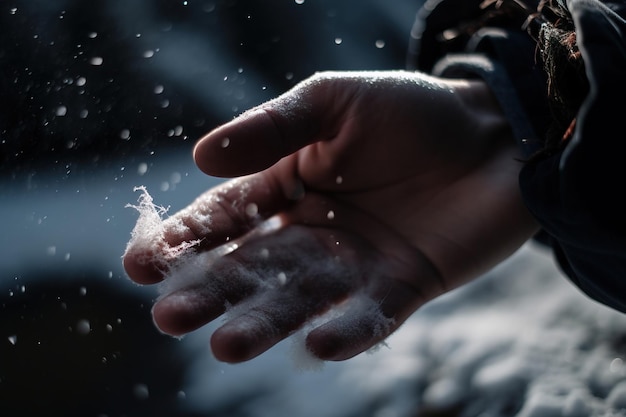 Une main couverte de neige avec le mot neige dessus