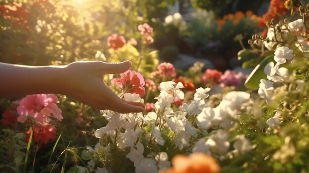 Main couvrant des fleurs au jardin avec l'IA générative de la lumière du soleil