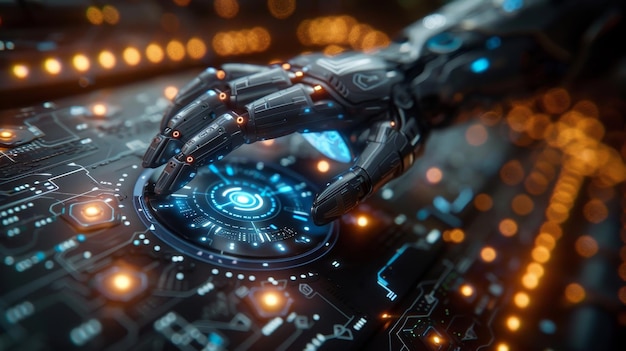 La main cyborg touche l'interface holographique avec son index Robot d'intelligence artificielle dans l'industrie 40