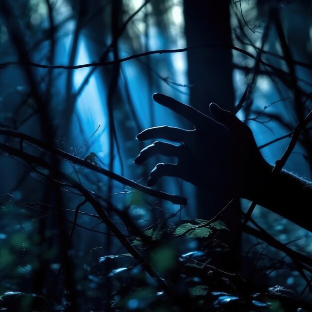Photo une main dans les bois avec un fond bleu