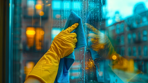 Main dans un gant jaune nettoyant une fenêtre de verre Arrière-plan urbain Les tâches quotidiennes rendues joyeuses Réflexion de la vie de la ville dans la fenêtre Image par AI