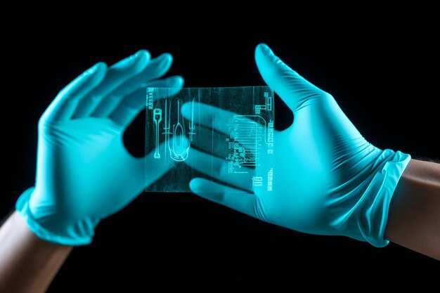 Main dans le gant médical pointant vers l'écran virtuel de la technologie médicale