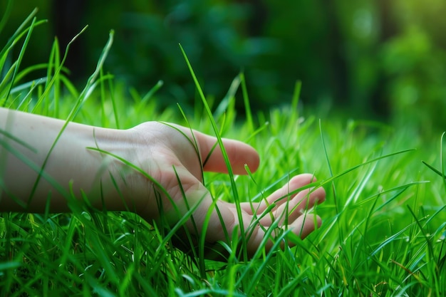 main dans l'herbe verte tendant la main à l'homme