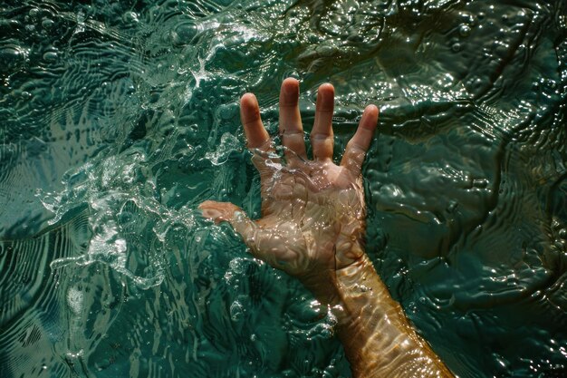 La main désespérée d'une personne qui se noie dans l'eau de mer et qui a besoin d'aide et de sauvetage.