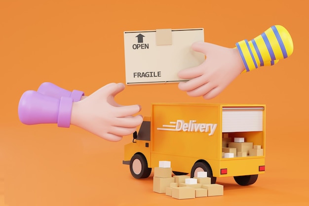 Main de dessin animé 3D acceptant une livraison de boîtes de deliverymanxA