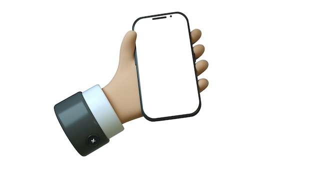 Main de dessin animé homme d'affaires tenant un smartphone noir avec place pour votre texte isolé sur fond blanc Illustration de trois d