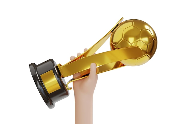 Main de dessin animé levant le trophée de football d'or isolé sur fond blanc illustration 3d