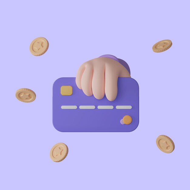 Main de dessin animé montrant une carte de crédit avec un concept de magasinage en ligne de pièces de monnaie Modèle de bannière de temps de marketing Icône 3D Illustration de rendu