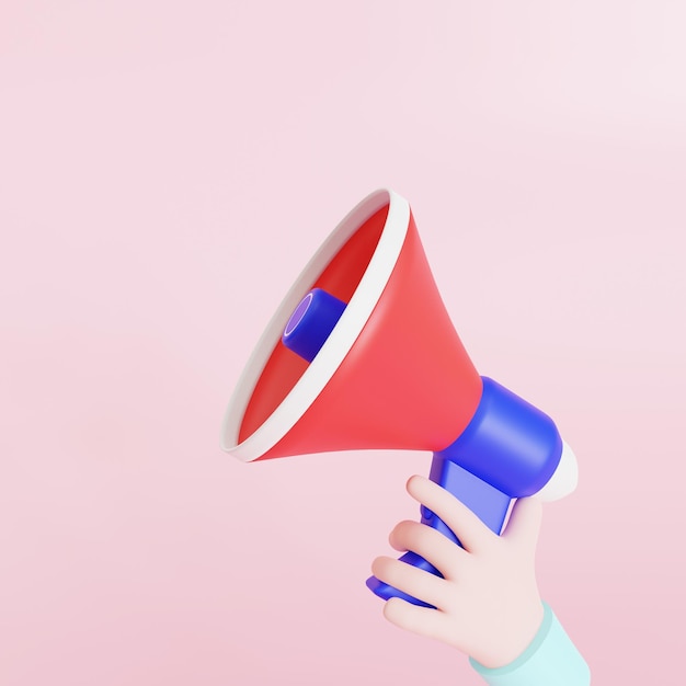 Main de dessin animé tenant un haut-parleur mégaphone sur fond rose illustration de rendu 3d