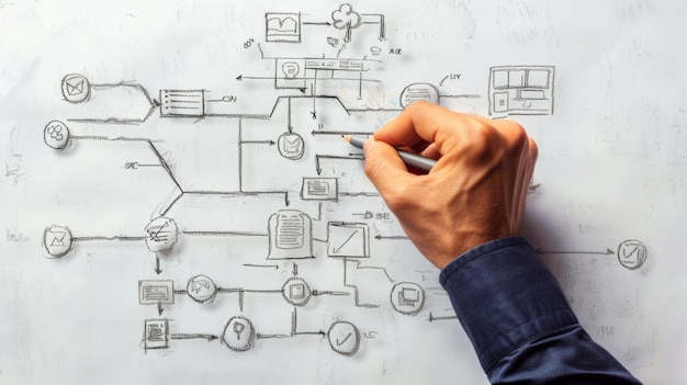 Photo une main dessinant un diagramme de flux sur un tableau blanc cartographiant les processus d'affaires et les flux de travail pour l'optimisation et l'amélioration de l'efficacité