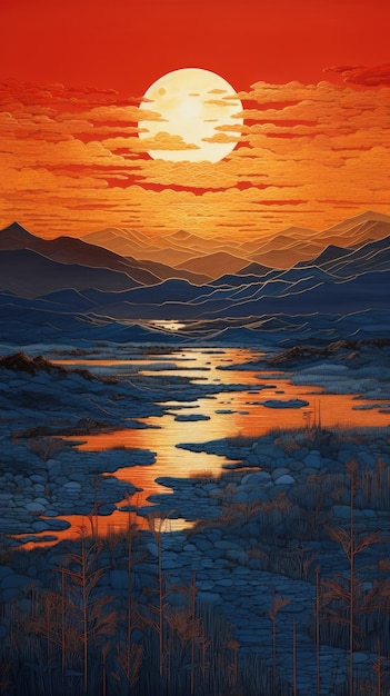 Photo main dessiner peinture oeuvre graphique huile paysage indigo orange affiche paysage coucher de soleil