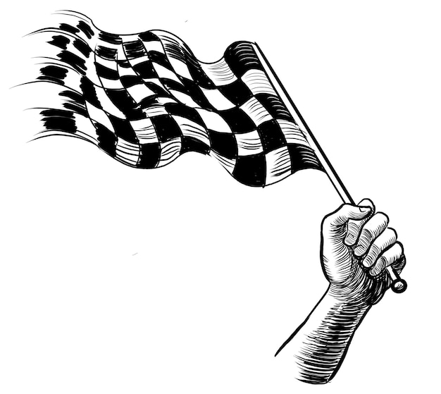 Main avec drapeau de dames Illustration en noir et blanc de style rétro dessinée à la main
