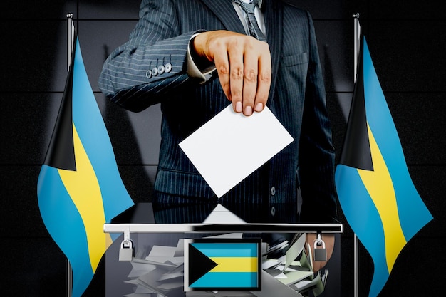 La main des drapeaux des Bahamas laisse tomber le concept d'élection de carte de vote illustration 3D