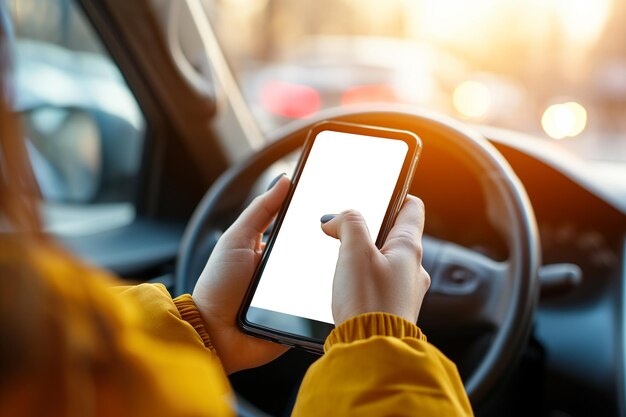 Photo la main du conducteur en gros plan tient un smartphone avec un écran blanc