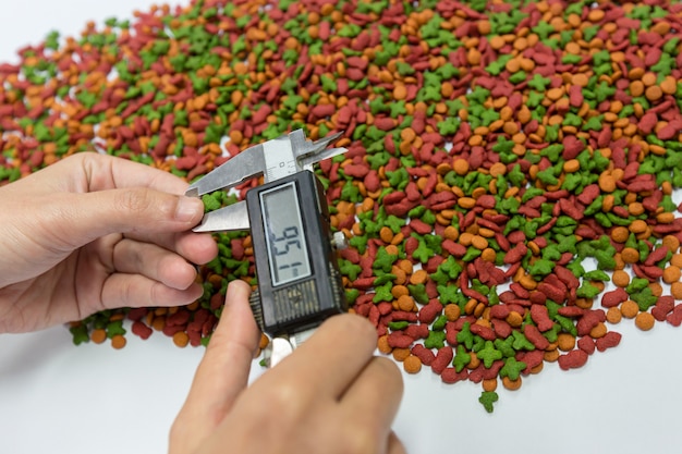 La Main Du Contrôle De La Qualité Utilise La Taille De Croquettes Mesurée Pour Mesurer La Qualité Des Vernis.