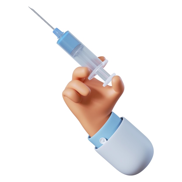 La main du docteur en dessin animé tient une grande seringue avec un vaccin contre le virus.