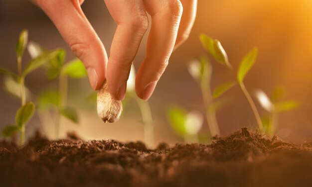 La main du fermier plantant des graines dans le sol