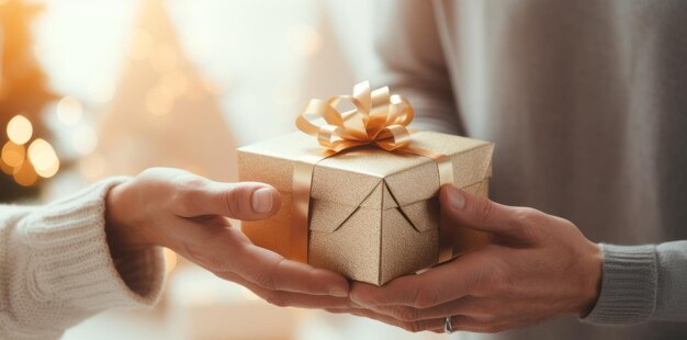 La main du mâle passe la boîte à cadeaux à la main de la femelle