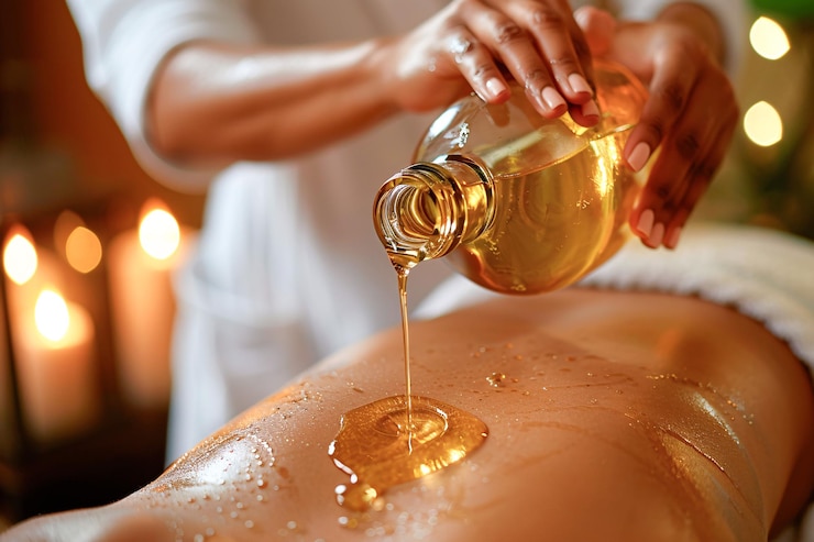 Photo la main du masseur versant de l'huile sur le dos de la femme