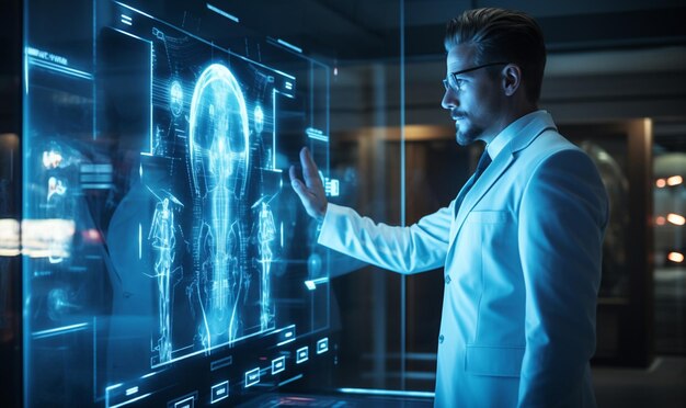 La main du médecin touchant l'interface d'écran virtuel d'hologramme moderne des scanners à rayons X