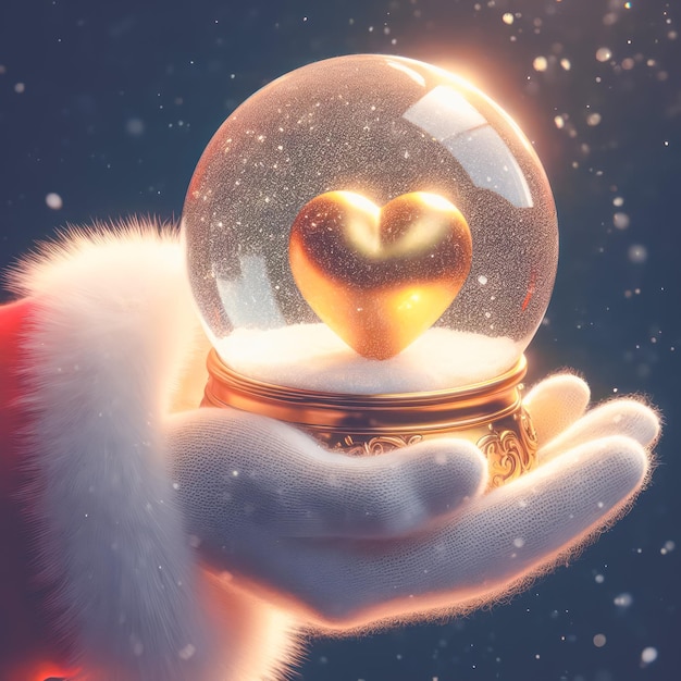 La main du père Noël tenant une boule de cristal avec un cœur d'or Noël et bonne année concept