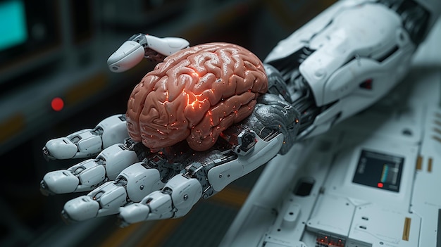 La main du robot montrant le cerveau humain