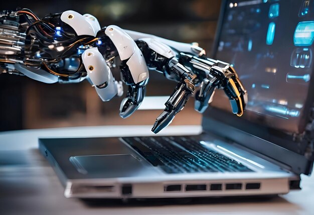 La main du robot tapant sur l'ordinateur Le concept de l'intelligence artificielle remplaçant un humain dans les relations avec un autre humain
