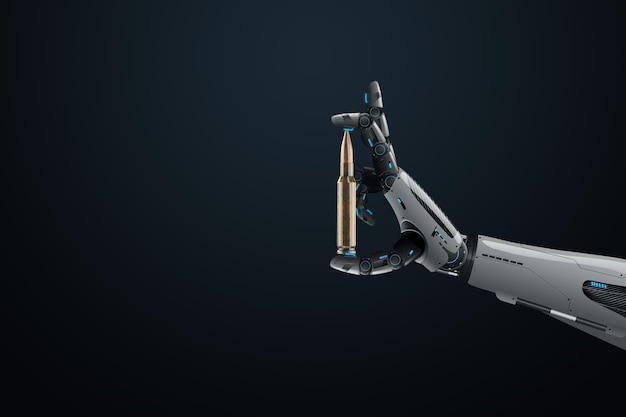 La main du robot tient la cartouche Bullet Le concept de la guerre du futur une arme entre les mains de l'intelligence artificielle Cartouches pour un fusil Illustration 3D Rendu 3D