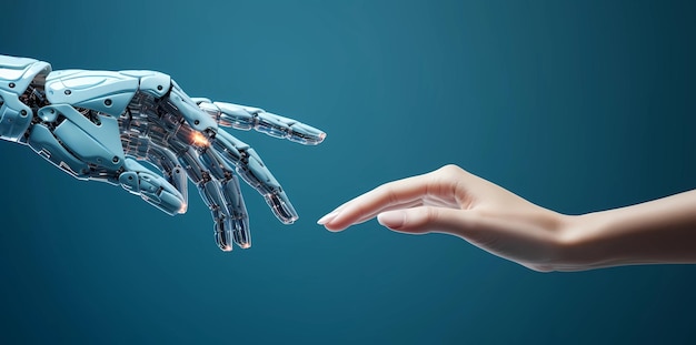 La main du robot touchant la main de l'homme sur un fond bleu foncé rendu 3D illustrations génératives d'IA