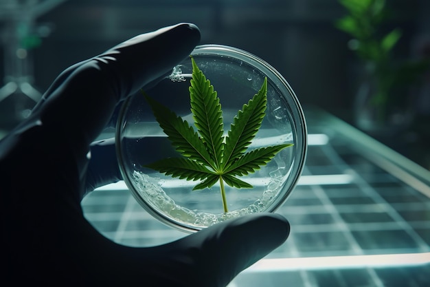 La main du scientifique tenant du cannabis dans le laboratoire à l'arrière-plan de style bokeh