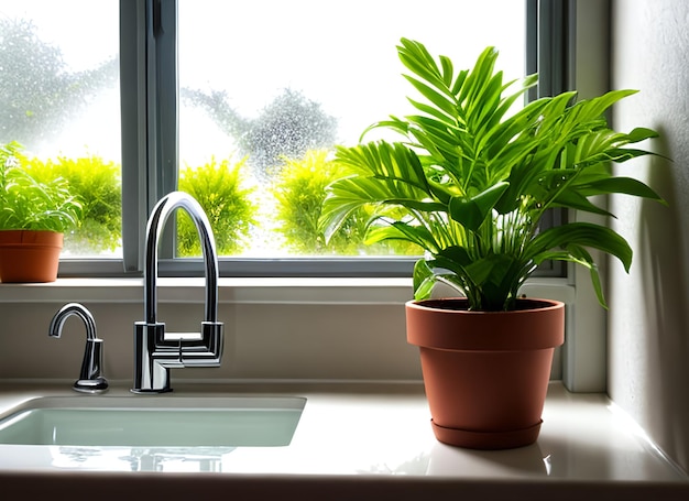 La main avec l'eau peut arroser les plantes d'intérieur sur le rebord de la fenêtre