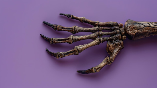 La main effrayante d'un fossile de dinosaure avec des griffes tranchantes sur un fond violet
